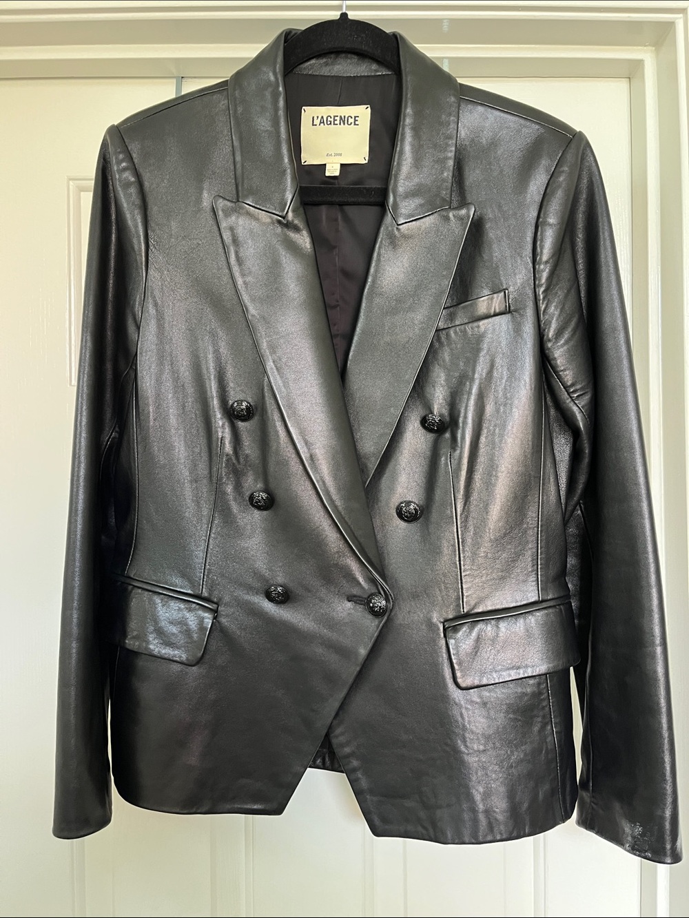 L'AGENCE Black Double-Breasted Leather Blazer Jacket